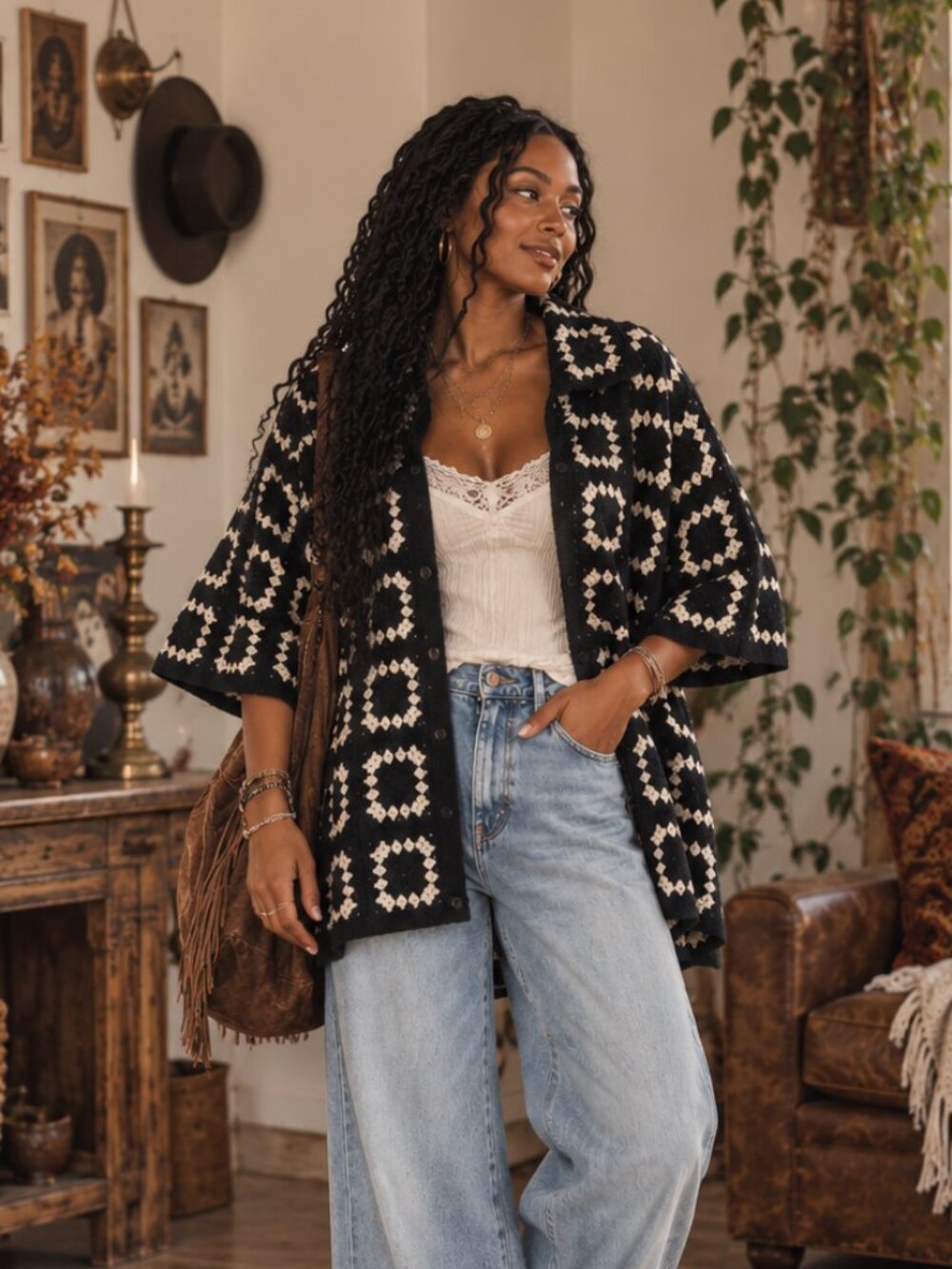 Black & Cream Crochet Granny Square Button Front Cardigan Top